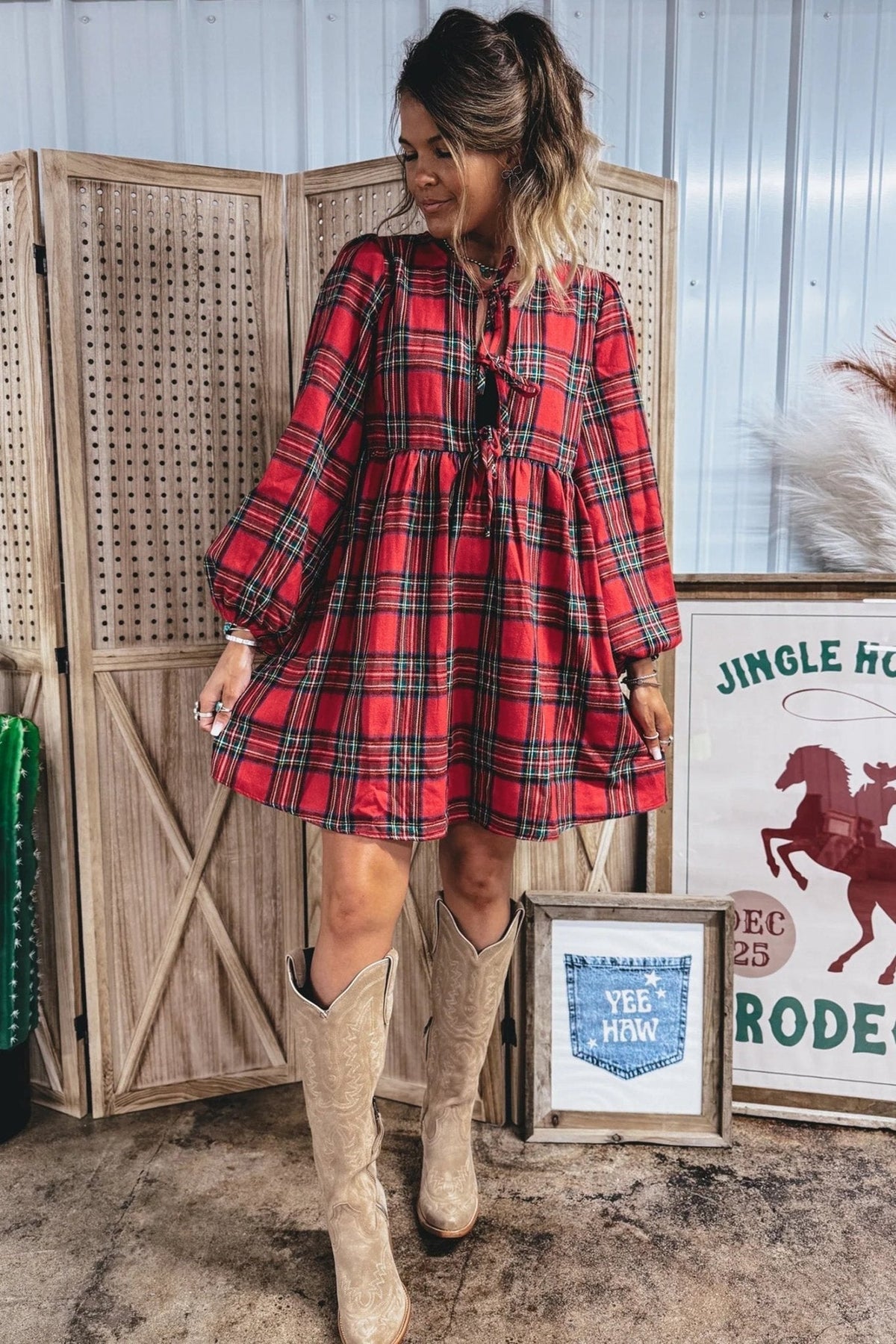 Plaid Bow Tie Front Puff Long Sleeve Dress - Rooted & Reckless Co.
