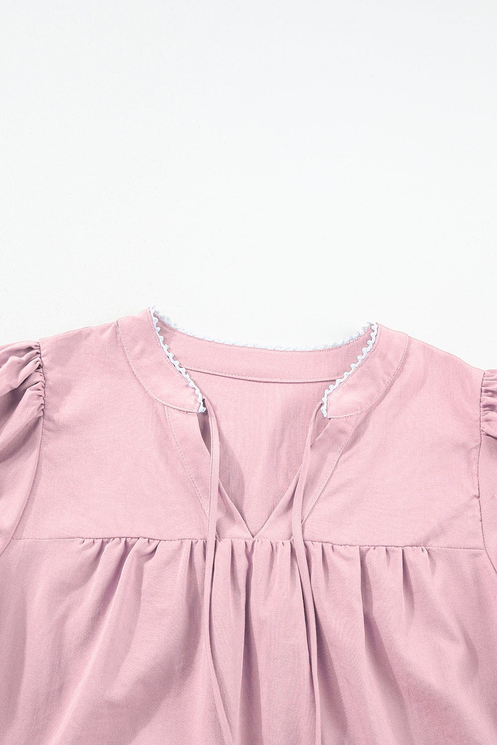 Floral Embroidered Puff Sleeve Split Neck Blouse