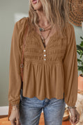Solid Smocked Split V-Neck Buttoned Blouse