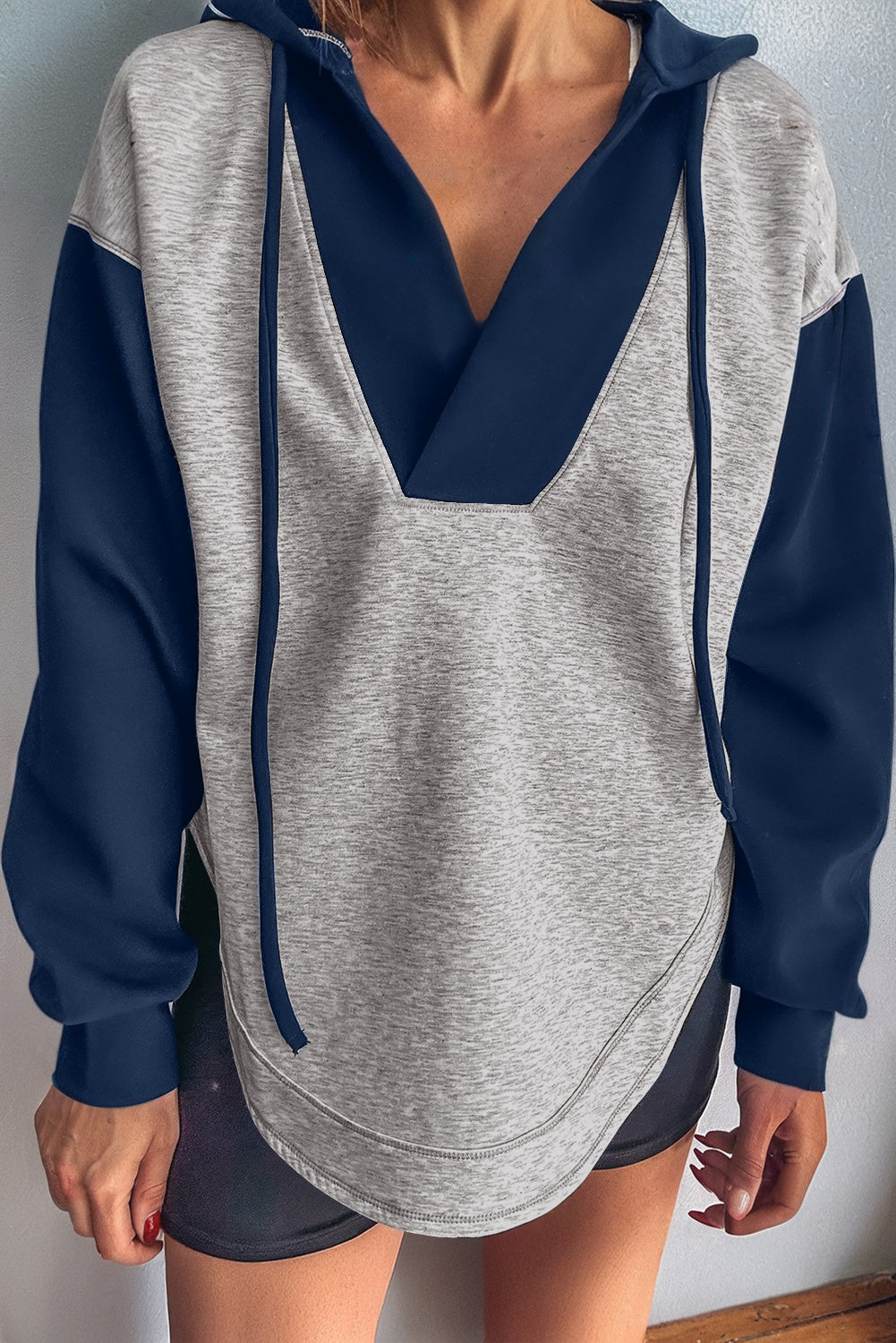 Colorblock Patchwork V-Neck Drawstring Hoodie