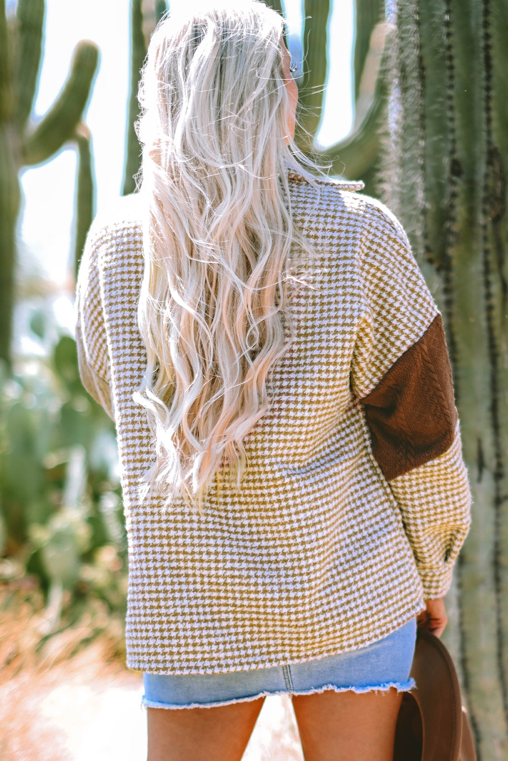 Houndstooth Colorblock Textured Patchwork Shacket