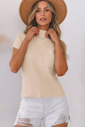 Solid Ribbed Knit Patch Pocket Short Sleeve Sweater