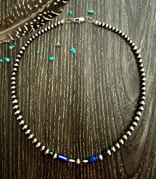 17.5” Graduated Sterling Pearl Necklace with Lapis Beads - Rooted & Reckless Co.