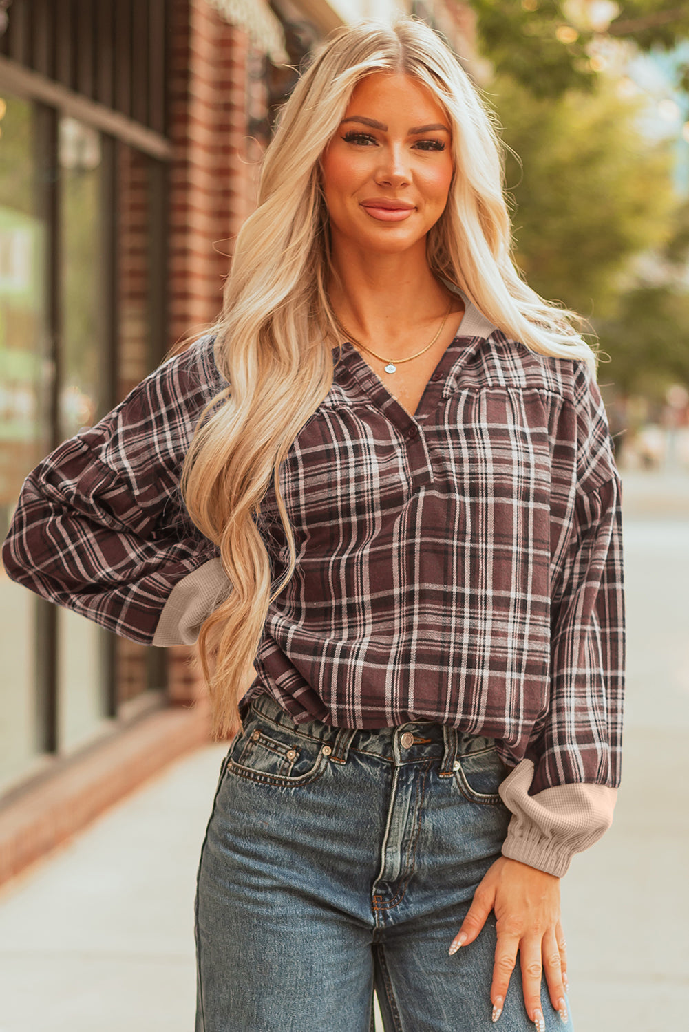 Plaid Quarter-Button Patchwork Long Sleeve Hooded Blouse