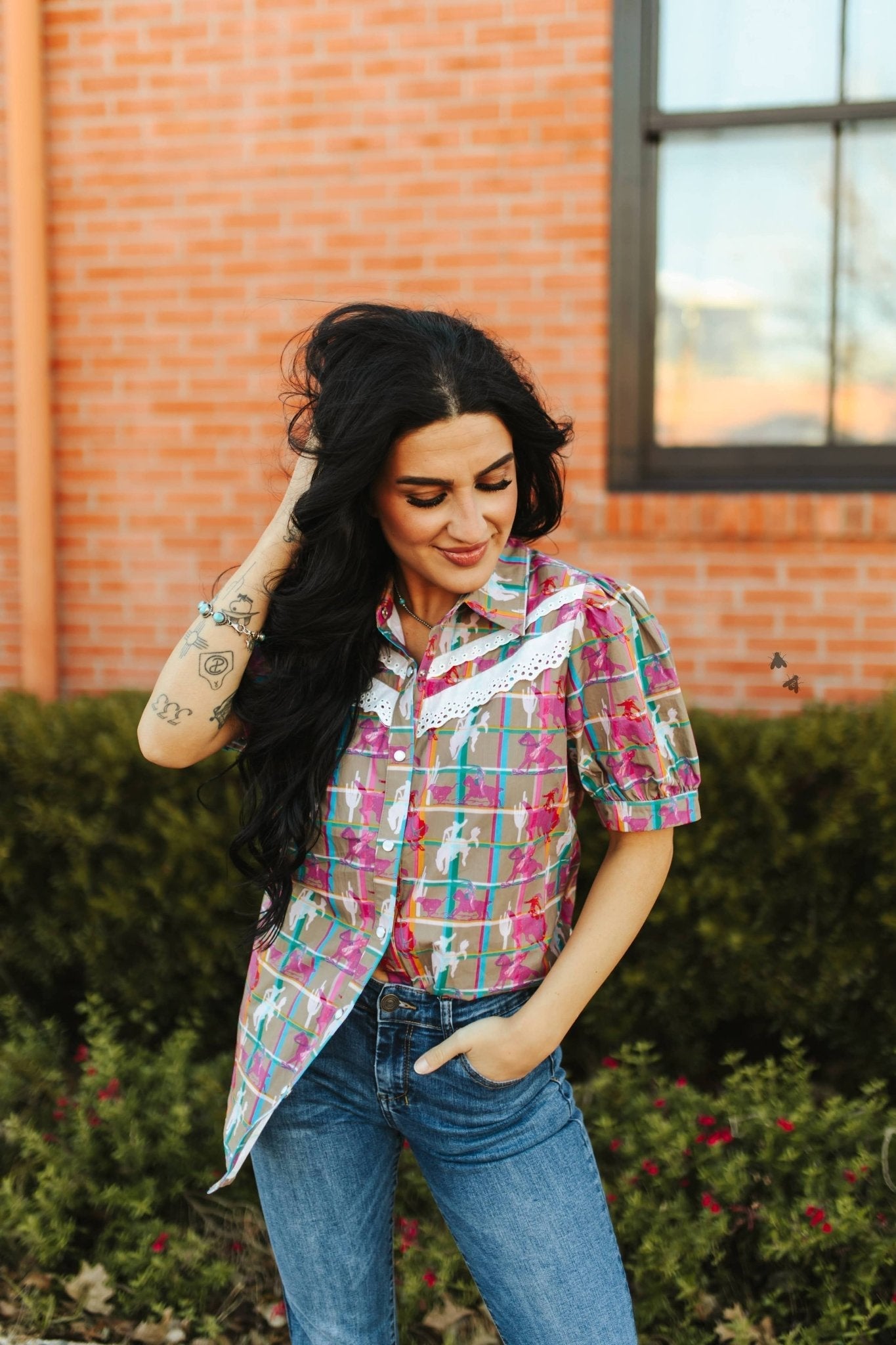 2 Fly Co "Plaid Posse" Western Top — Multi-Color Plaid with Lace Detail Comfortable Statement Piece - Rooted & Reckless Co.