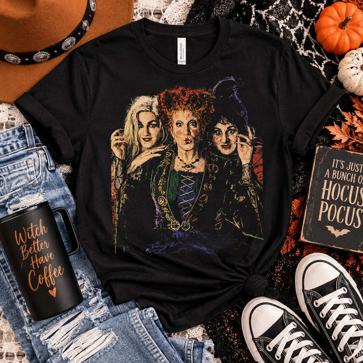 Retro Witch Sisters Graphic Tee — Vintage Halloween Movie Vibe