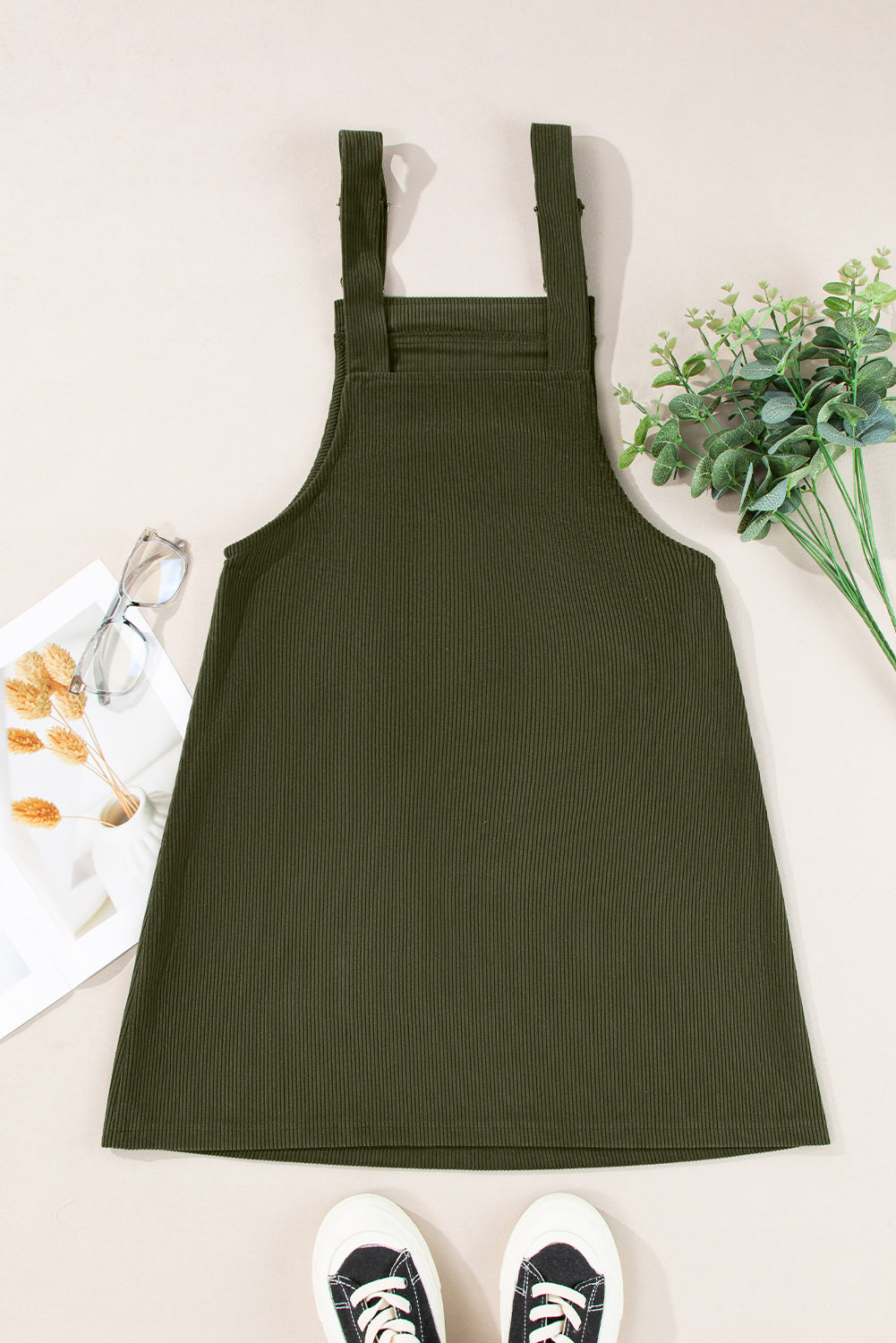 Solid Corduroy Front Pocket Sleeveless Overall Dress