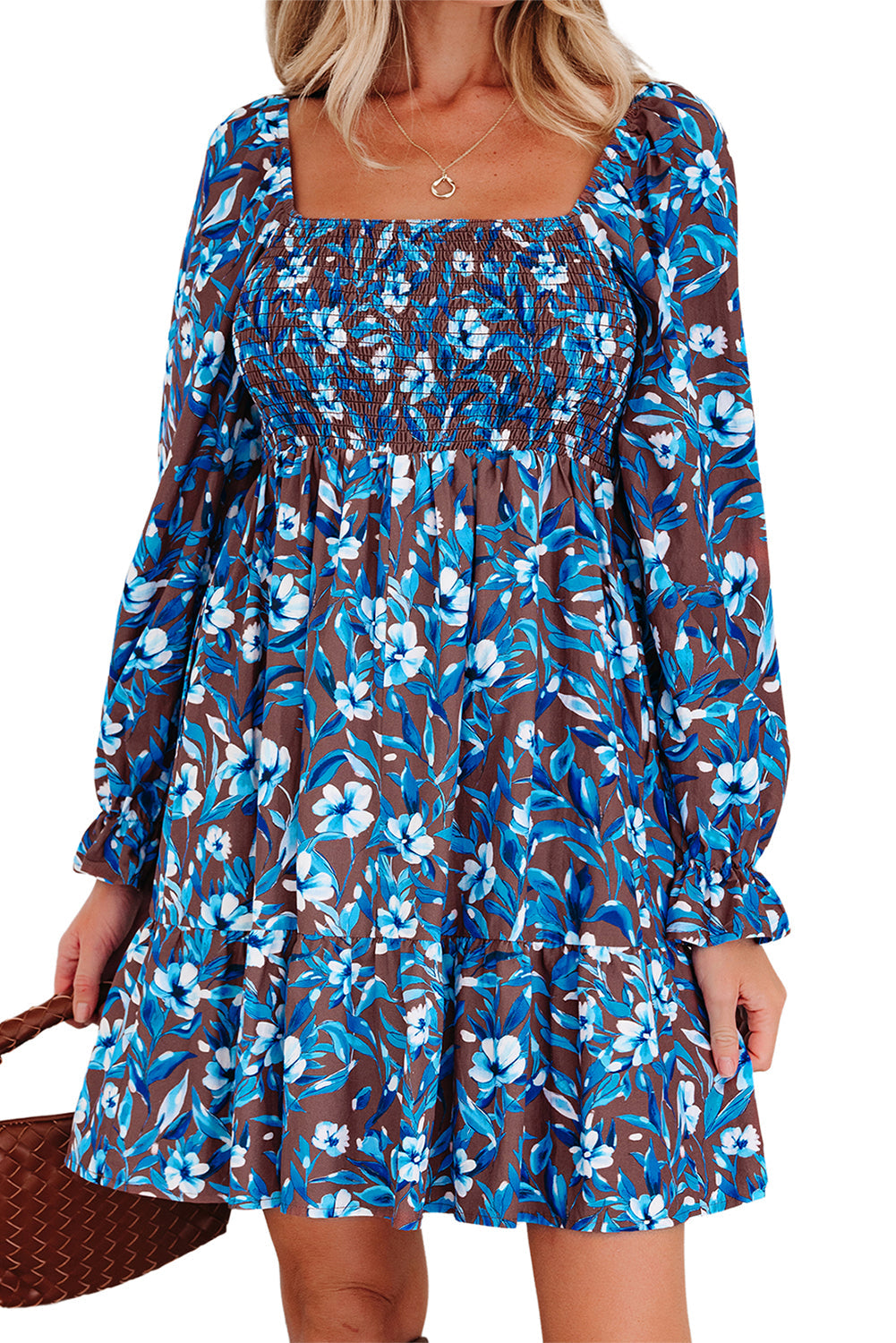 Floral Smocked Bodice Ruffle Sleeve Dress