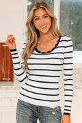 Stripe Scalloped Scoop Neck Ribbed Knit Sweater