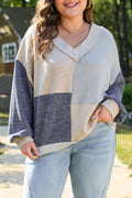 Plus Size Textured Patchwork Long Sleeve V-Neck Top