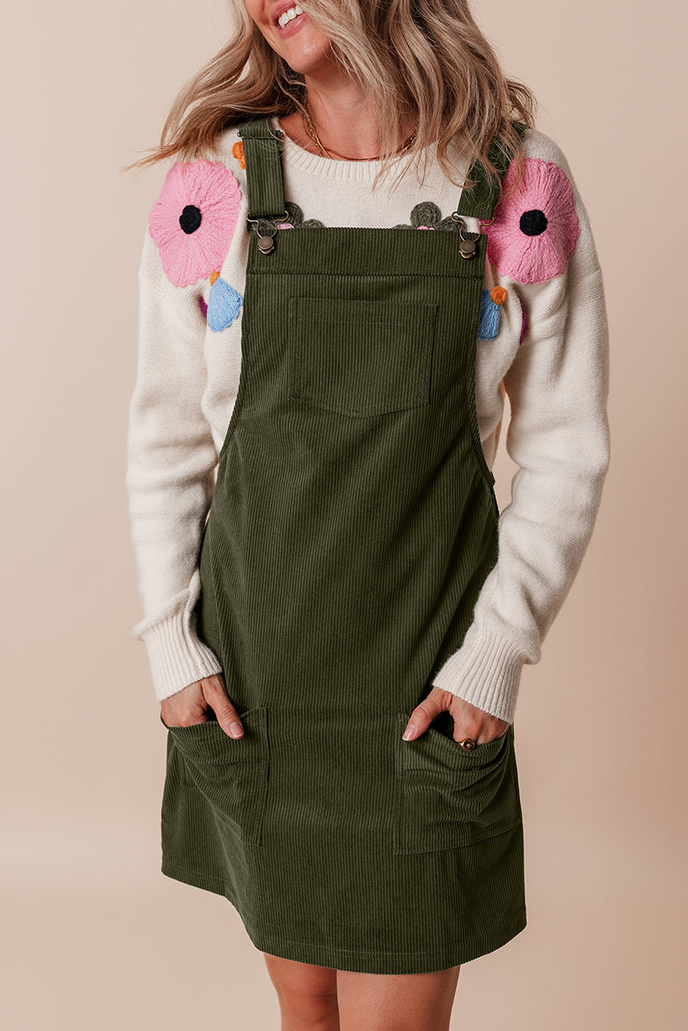 Solid Corduroy Front Pocket Sleeveless Overall Dress