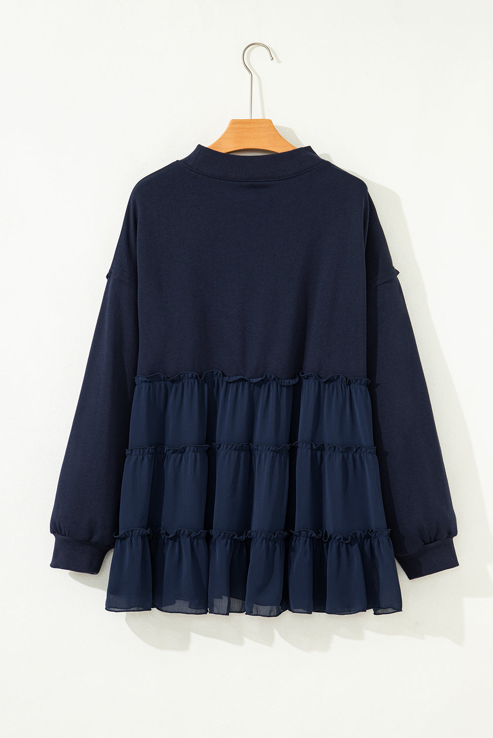 Plus Size Solid Ruffle Tiered Ribbed Crewneck Top
