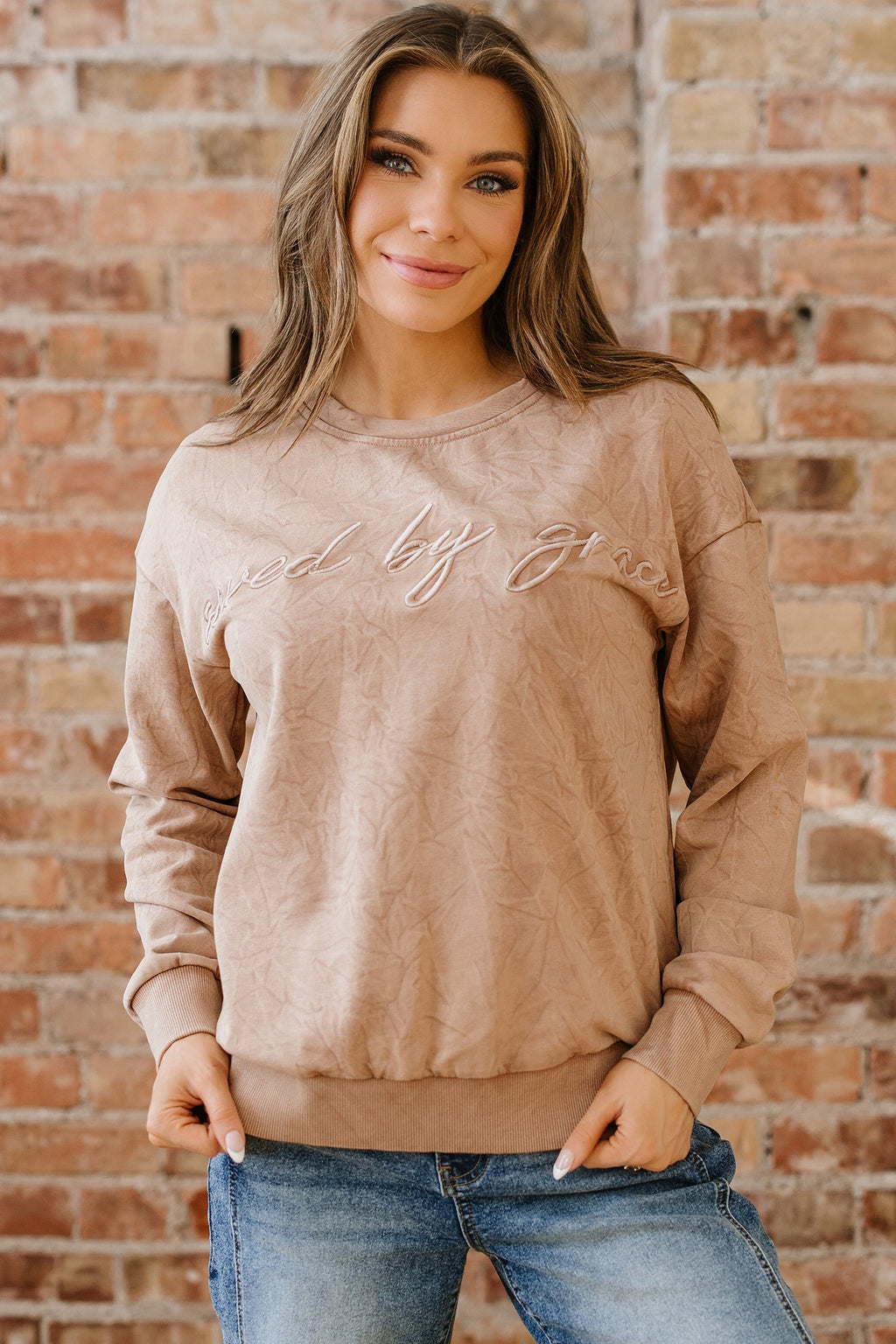 Saved by Grace Embroidered Mineral Wash Loose Sweatshirt