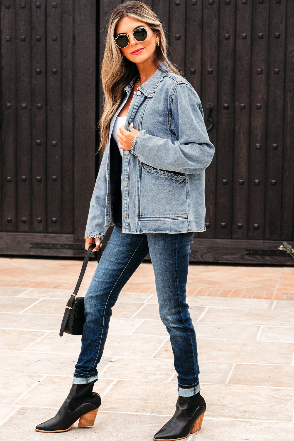 Solid Denim Scallop Collar Patch Pocket Buttoned Jacket