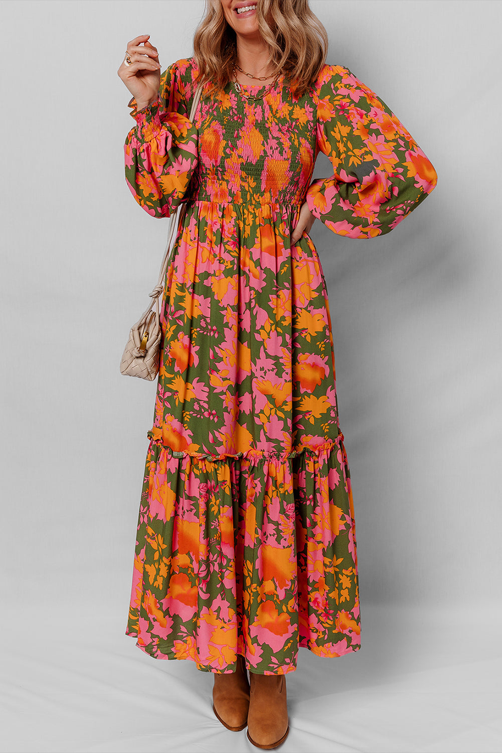 Floral Puff Sleeve Smocked Ruffle Maxi Dress