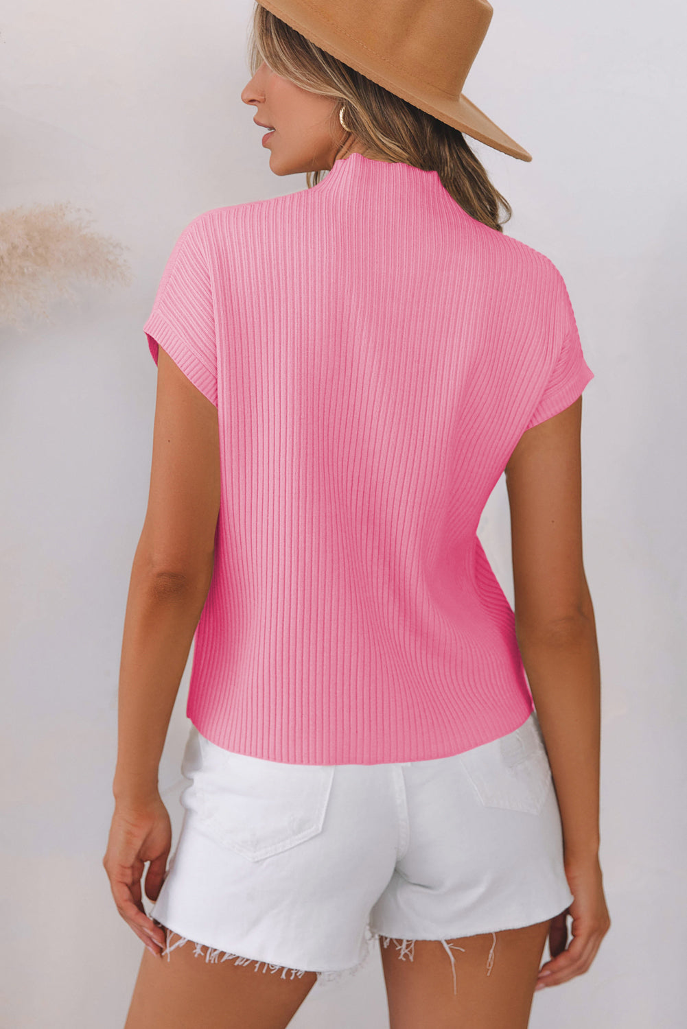 Solid Ribbed Knit Patch Pocket Short Sleeve Sweater