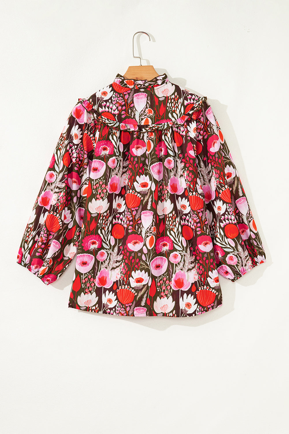 Floral 3/4 Sleeve Lace-Up Neck Blouse