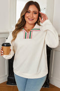 Plus Size Stripe Rhombus Textured Collared Sweatshirt