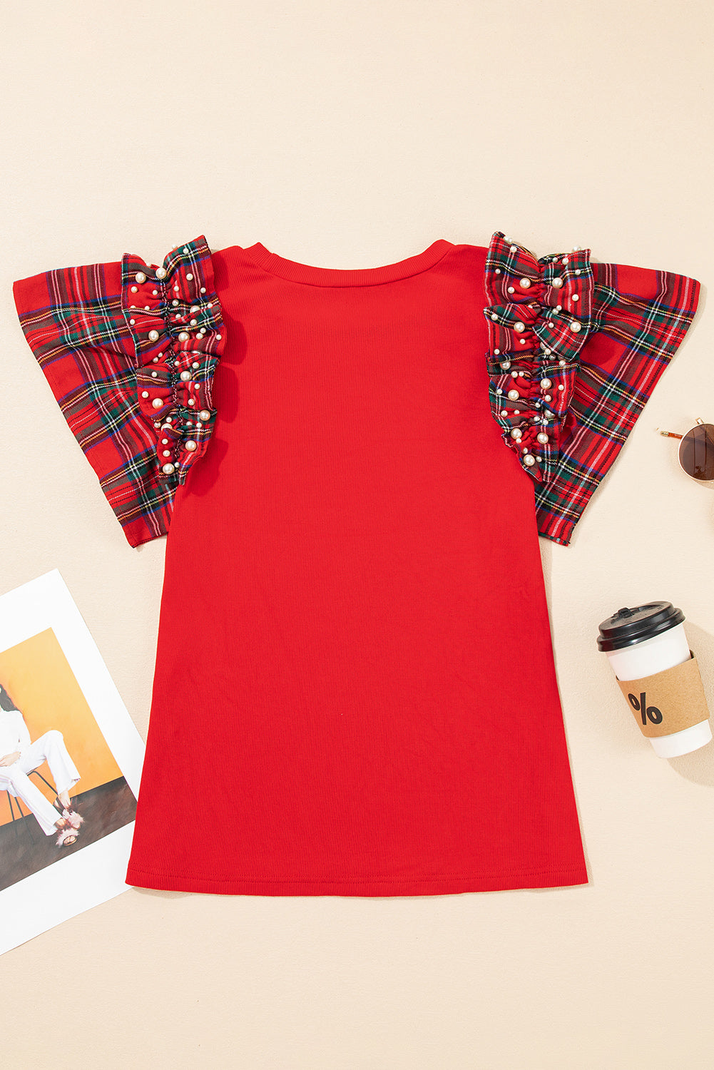 Plaid Pearl Ruffle Short Sleeve Loose T-Shirt