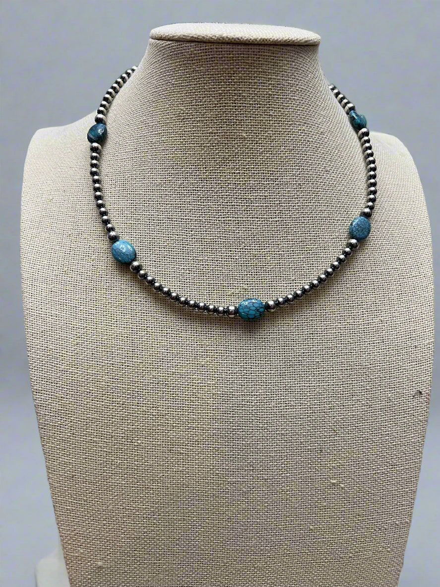 4mm & 5mm Sterling Pearl & Turquoise Choker — 15 inch (Handmade in North Texas) - Rooted & Reckless Co.