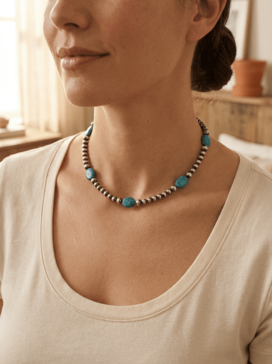 4mm & 5mm Sterling Pearl & Turquoise Choker — 15 inch (Handmade in North Texas) - Rooted & Reckless Co.