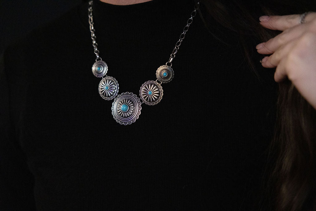 5-Concho Western Necklace with Faux Turquoise — 18 Inch with 3-Inch Extender - Rooted & Reckless Co.
