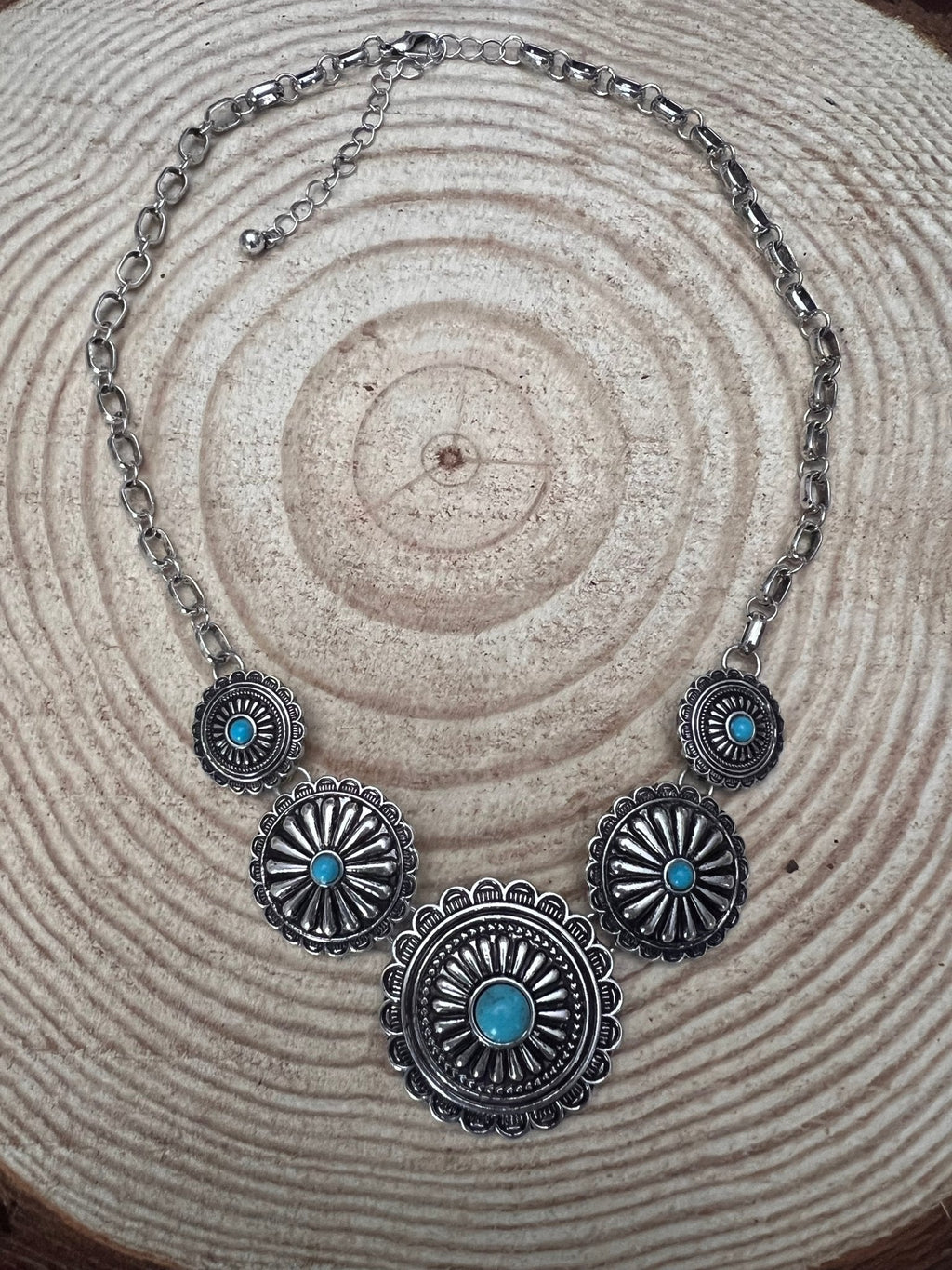 5-Concho Western Necklace with Faux Turquoise — 18 Inch with 3-Inch Extender - Rooted & Reckless Co.