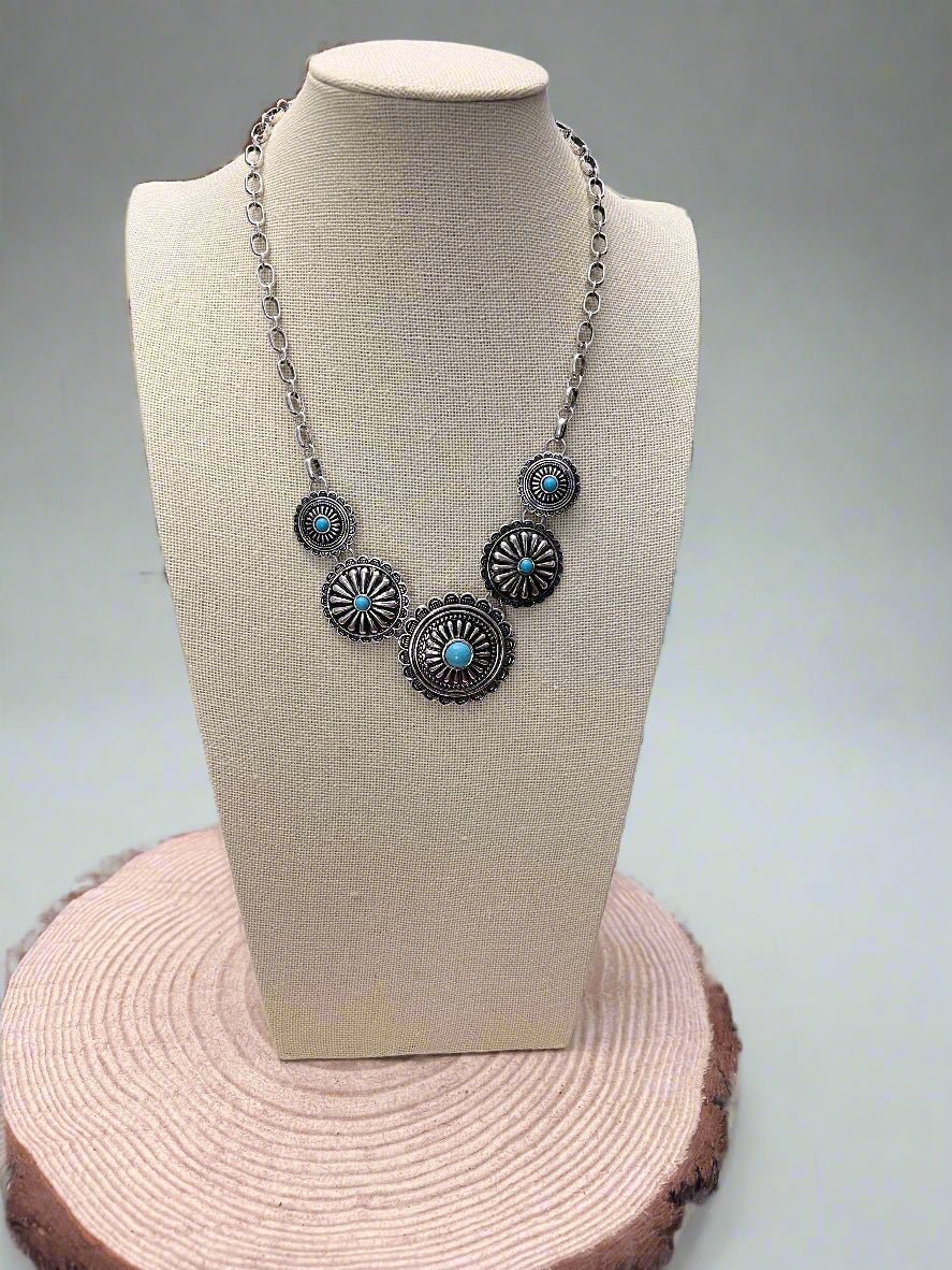 5-Concho Western Necklace with Faux Turquoise — 18 Inch with 3-Inch Extender - Rooted & Reckless Co.