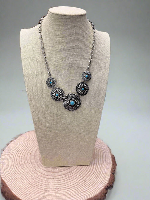 5-Concho Western Necklace with Faux Turquoise — 18 Inch with 3-Inch Extender - Rooted & Reckless Co.