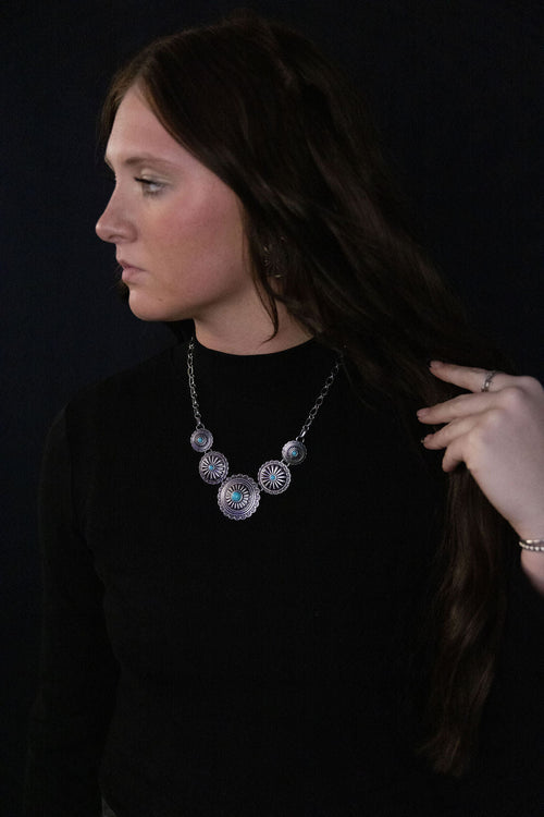 5-Concho Western Necklace with Faux Turquoise — 18 Inch with 3-Inch Extender - Rooted & Reckless Co.