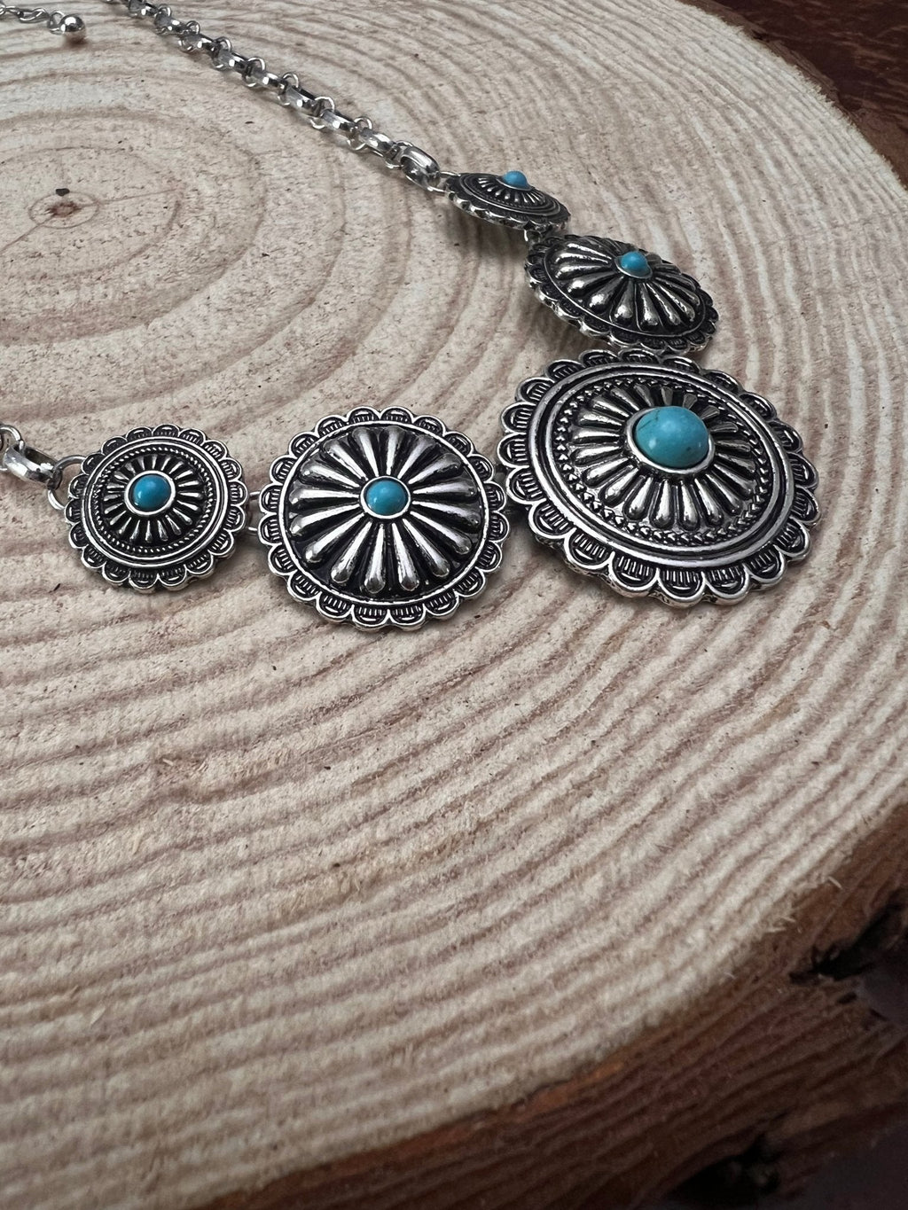 5-Concho Western Necklace with Faux Turquoise — 18 Inch with 3-Inch Extender - Rooted & Reckless Co.