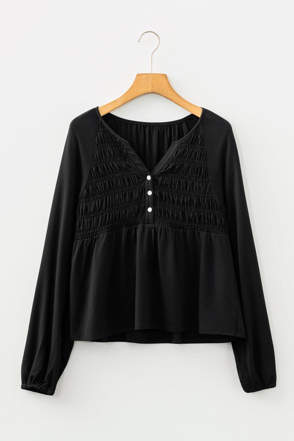 Solid Smocked Split V-Neck Buttoned Blouse