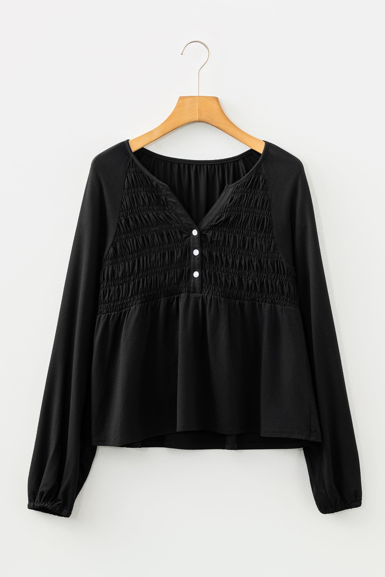 Solid Smocked Split V-Neck Buttoned Blouse