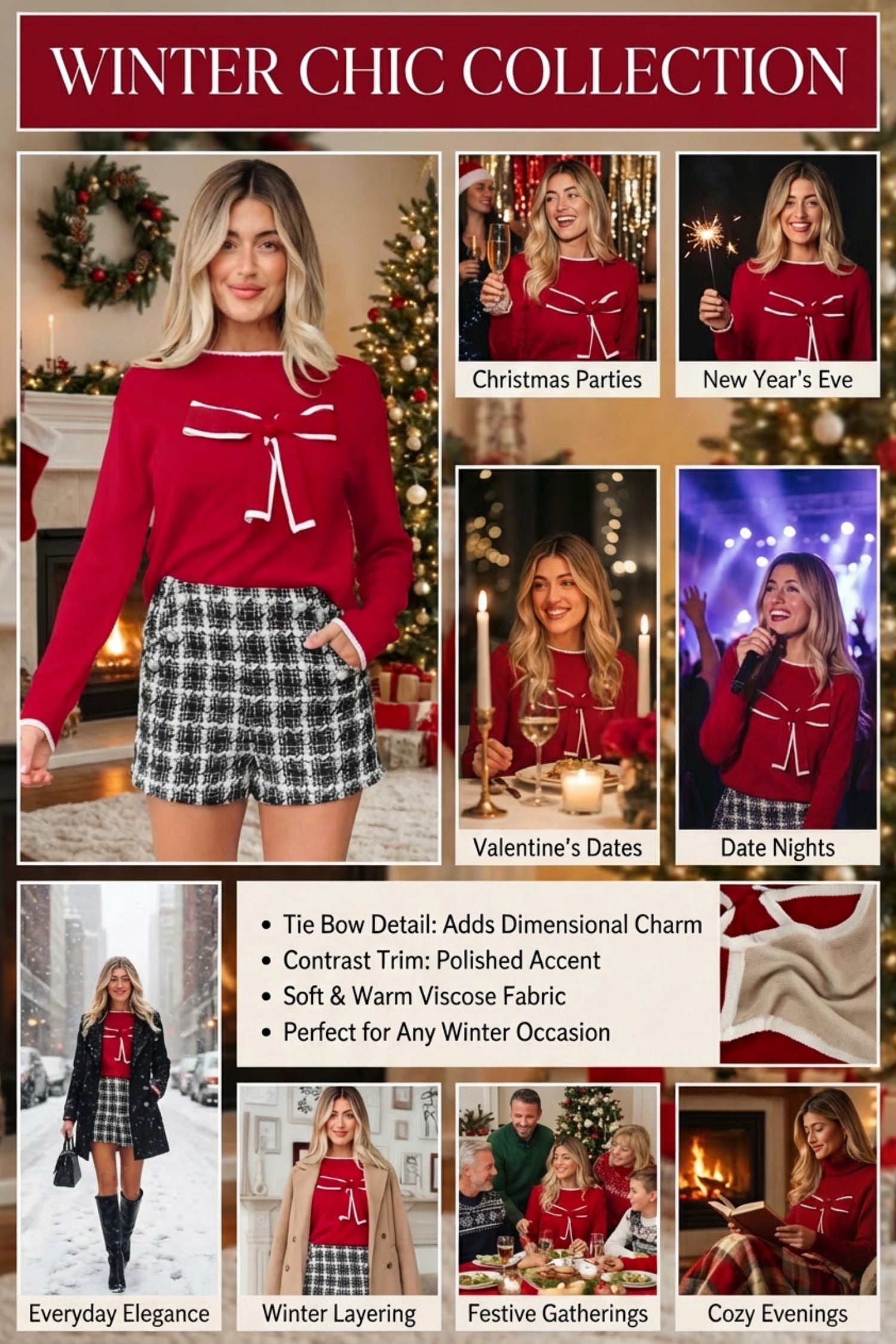 Bow Tie Contrast Trim Cropped Sweater