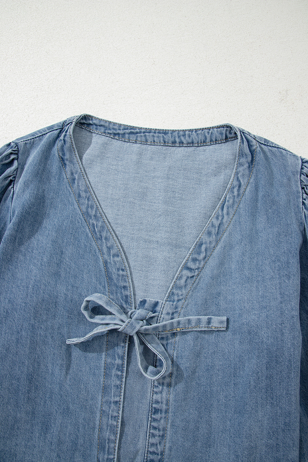 Solid Denim Tie-Front Puff Sleeve Top