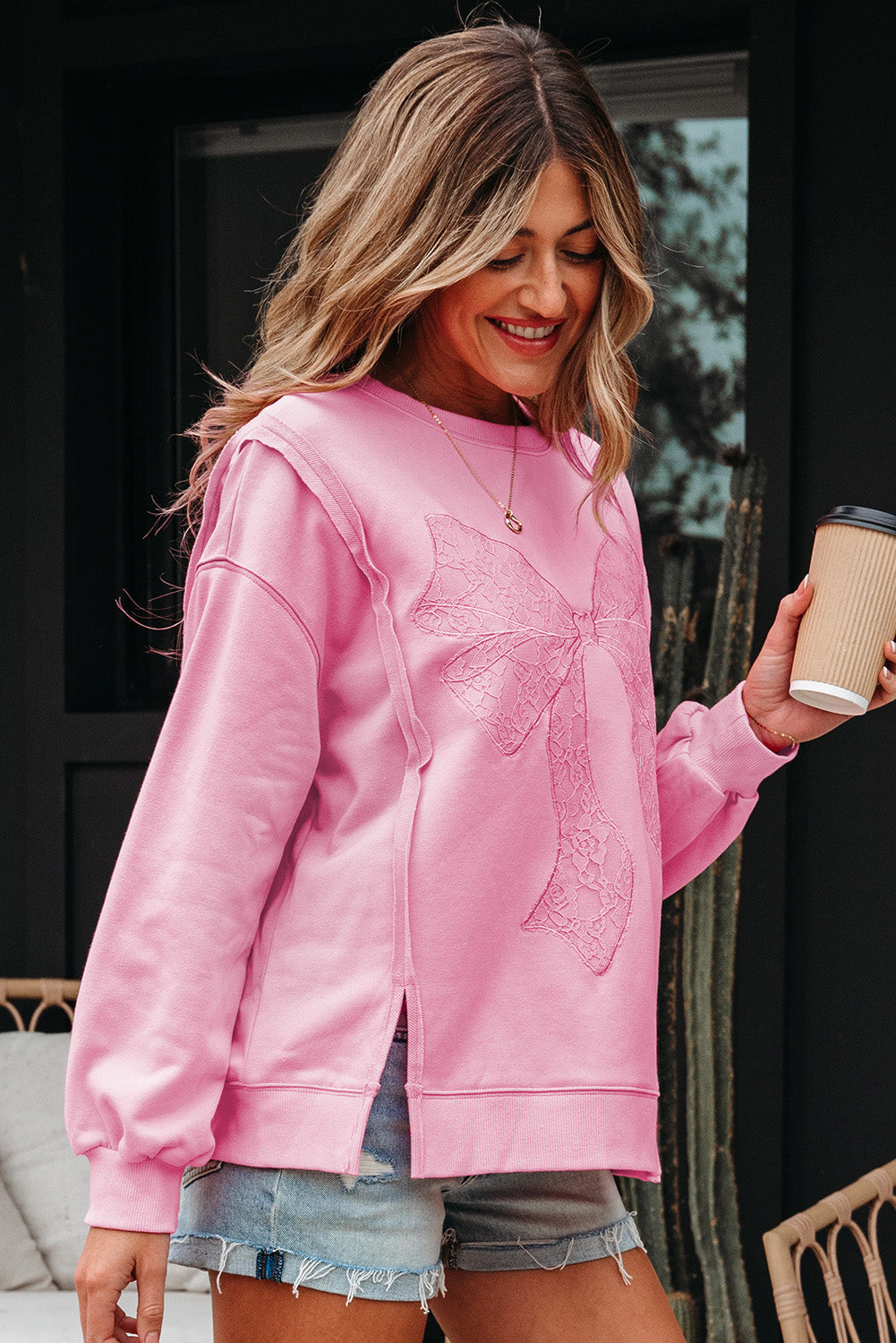 Bow Tie Lace Embroidered Reverse Seam Sweatshirt