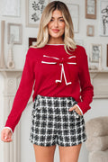 Bow Tie Contrast Trim Cropped Sweater