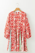 Floral Patchwork Long Sleeve Pleated Mini Dress