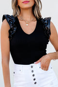 Solid Ribbed Leatherette Ruffle Sleeve Bodysuit