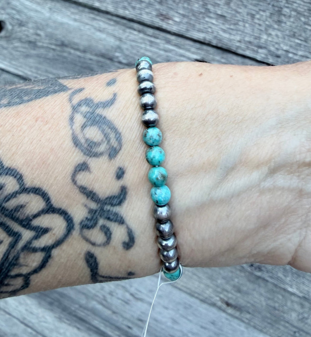 6mm Sterling Pearl and Turquoise Stretch Bracelet - Rooted & Reckless Co.