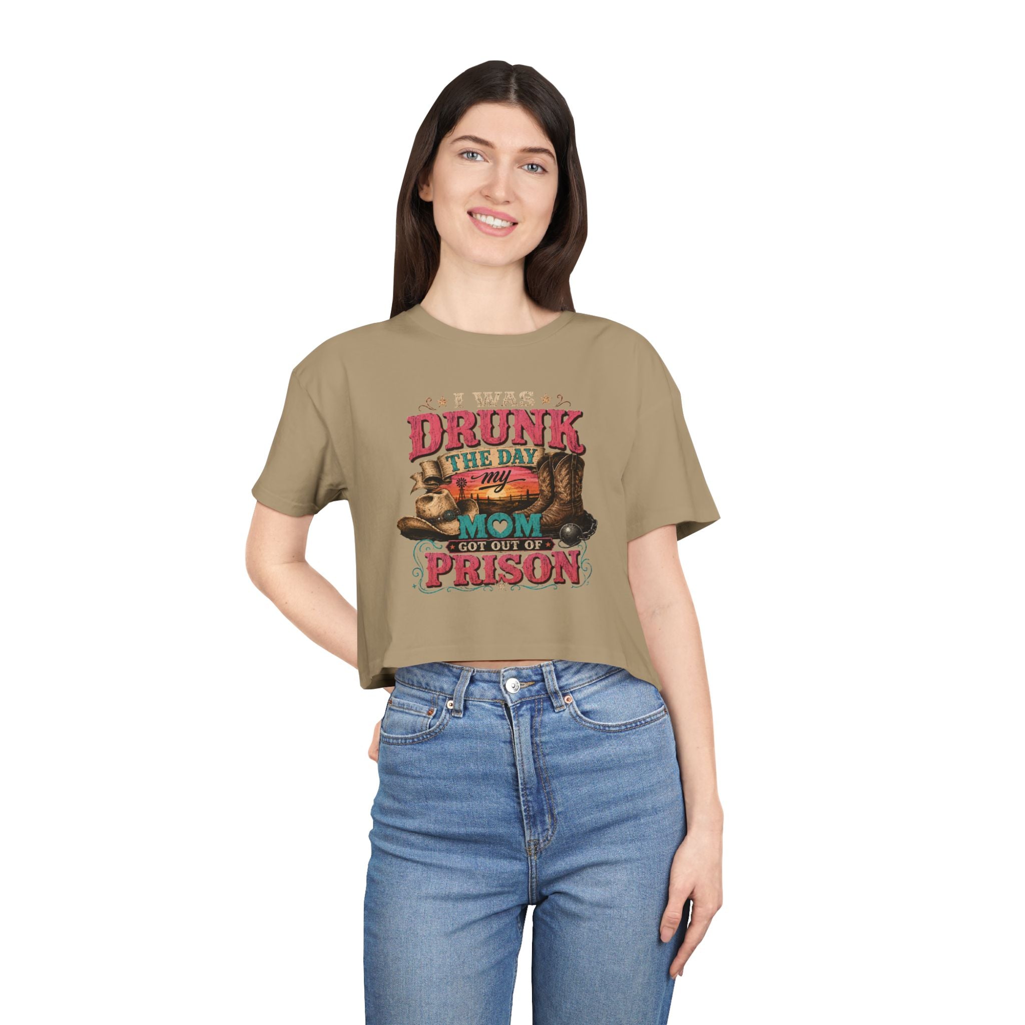 Crop Tee — "I Was Drunk the Day My Mom Got Out of Prison" Funny Retro Mom T-Shirt