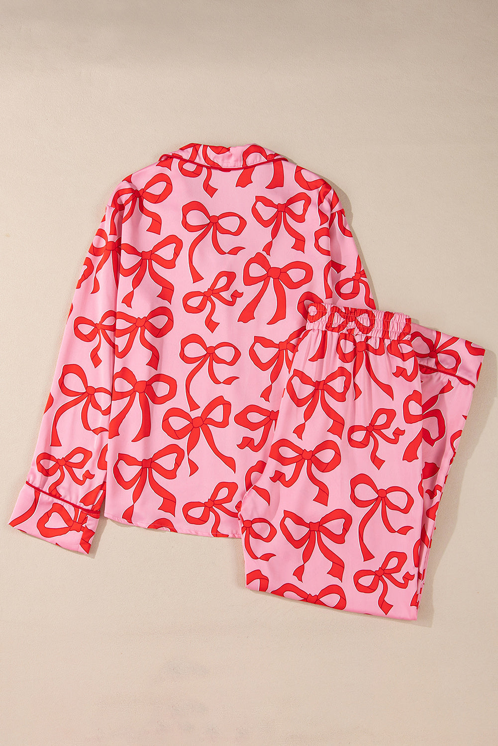 Bow Long Sleeve Top and Pants Pajama Set