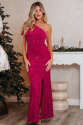 Sequin One Shoulder Thigh High Split Bodycon Gown