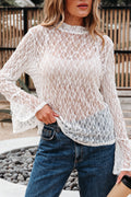 Sheer Lace Bell Sleeve Mock Neck Blouse