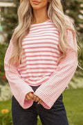 Colorblock Stripe Textured Dropped Long Sleeve Top