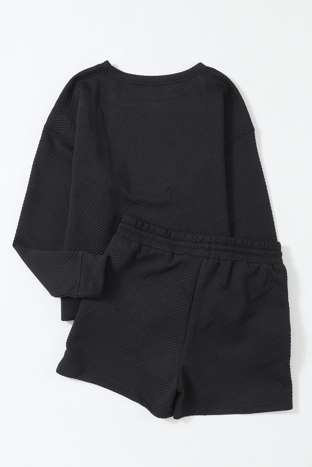 Textured Long Sleeve Top and Drawstring Shorts Set