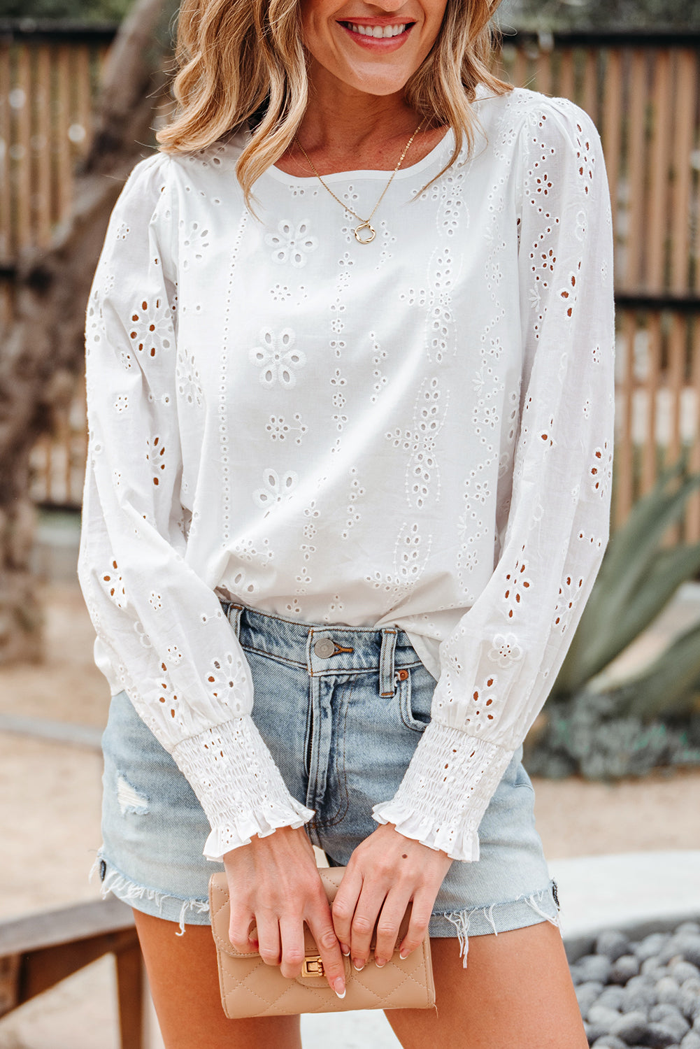 Solid Eyelet Embroidered Long Sleeve Blouse