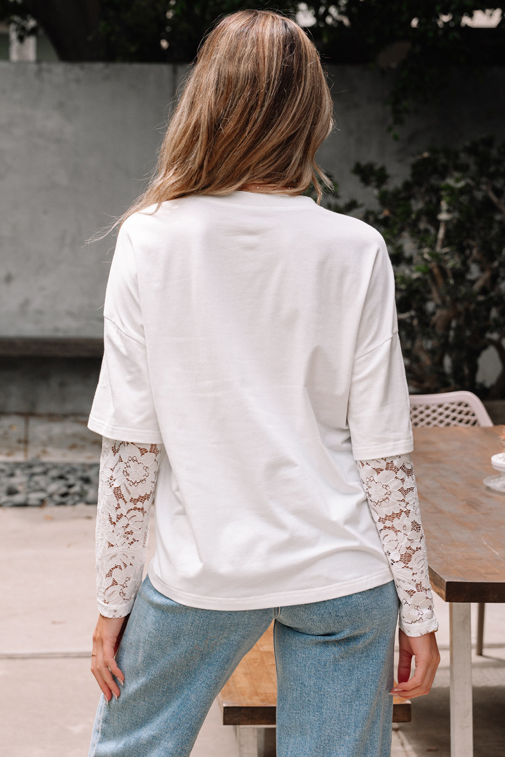 Lace Insert Long Sleeve Drop Shoulder Tee