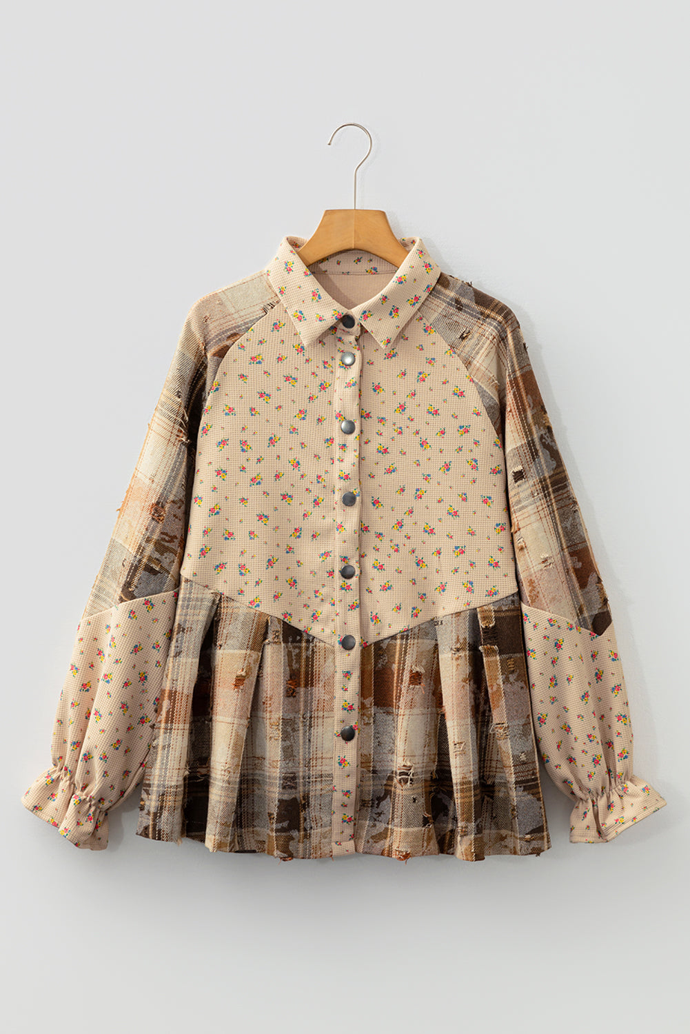 Floral Waffle Knit Plaid Patchwork Ruffle Shacket