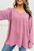 Corded Knit Reverse Seam Patchwork Long Sleeve Top